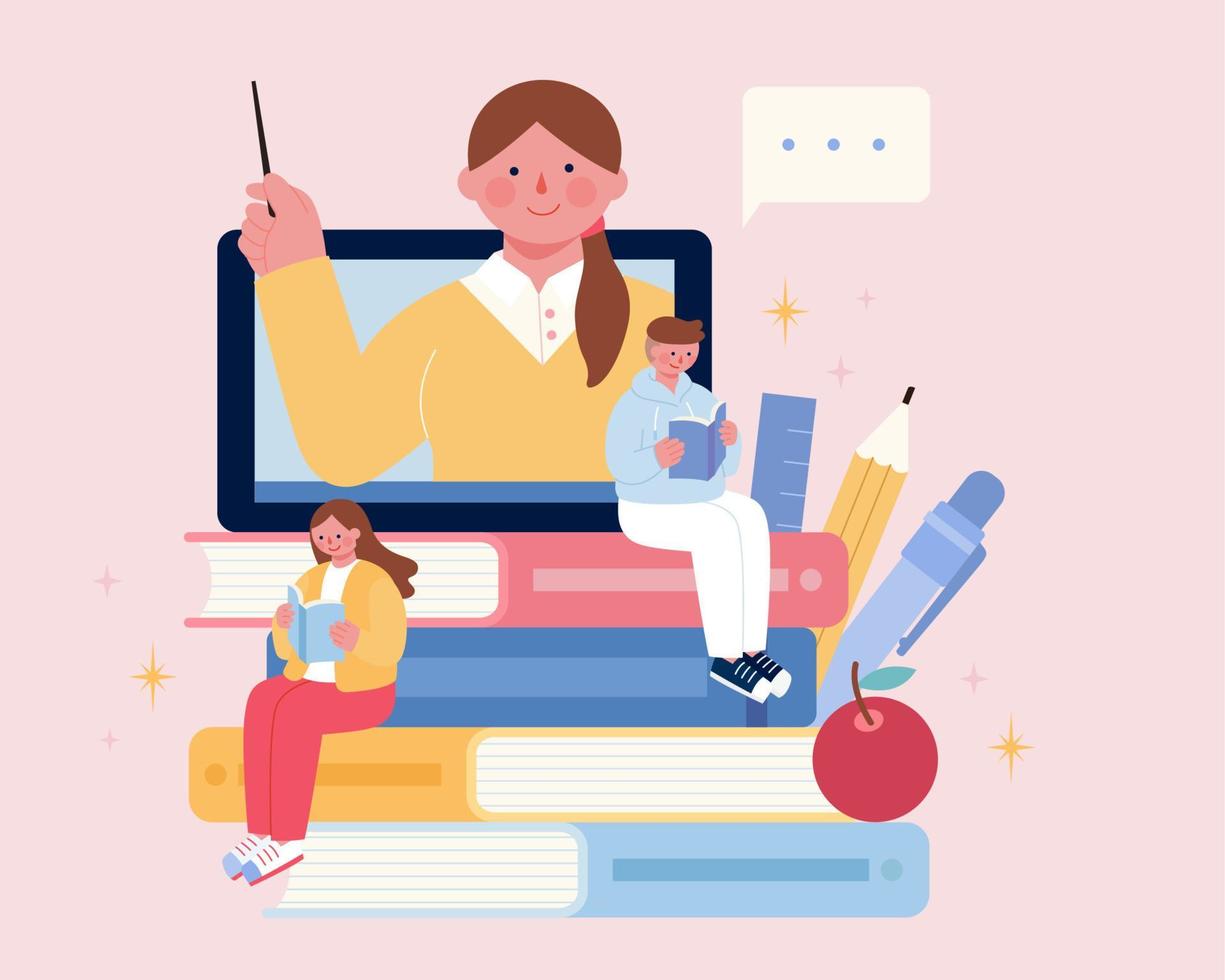 Two young people sitting on stack of books. Teacher teaching class through tablet. Concept of online education, distance learning or tutorial videos for teens or adults. vector