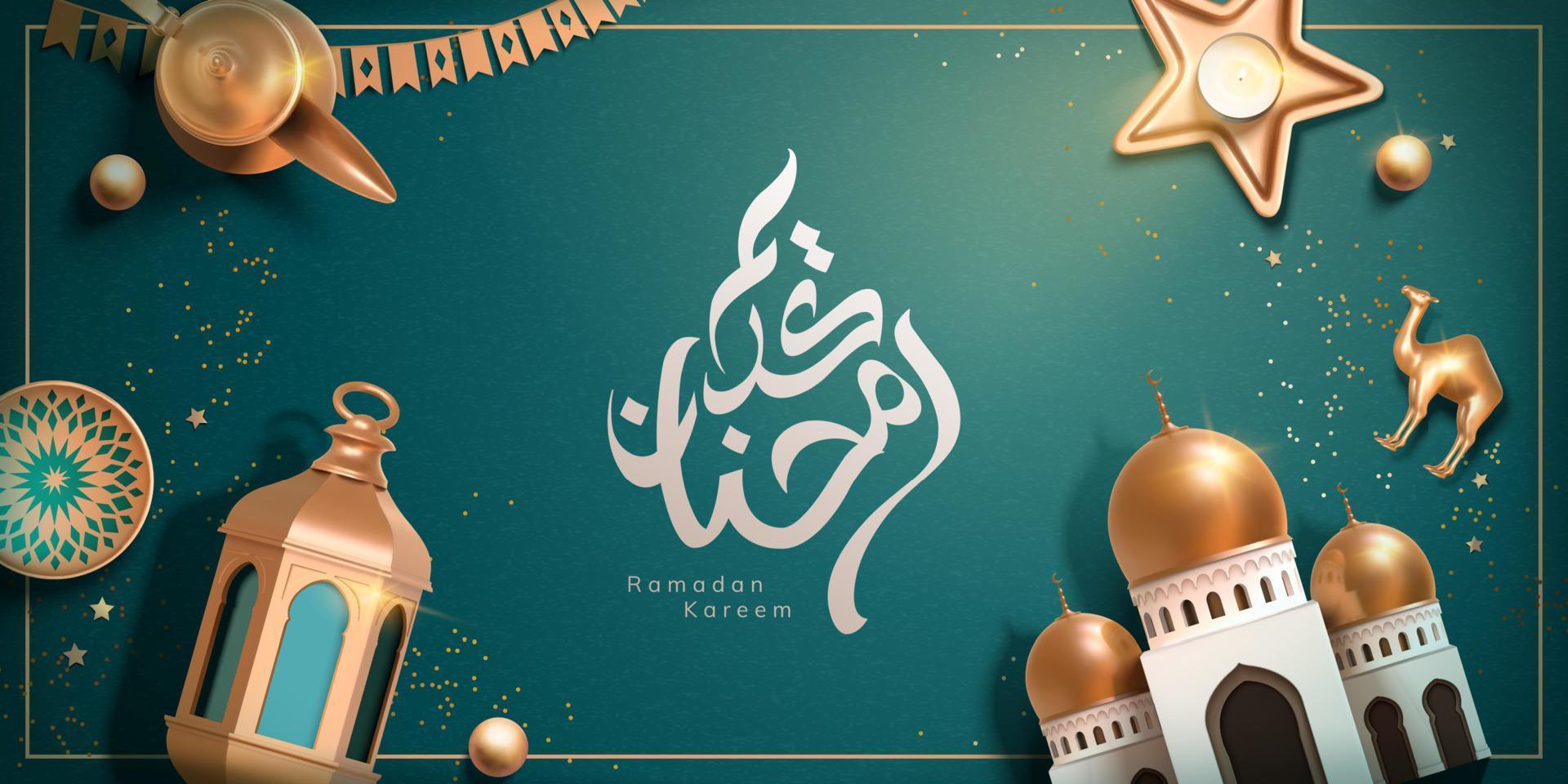 3d Islamic holiday celebration banner, suitable for Ramadan, Raya Hari, Eid al Adha. Top view of cute toys including coffee pot, mosque and metal lantern. vector