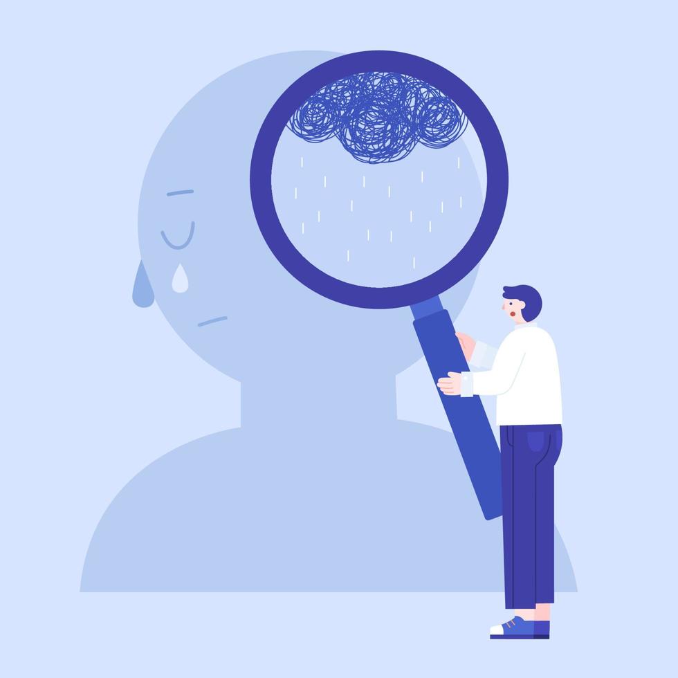 Concept of solving negative emotions or mental disorder. Flat illustration of a young man holding magnifier and trying to find the cause of metal illness. vector