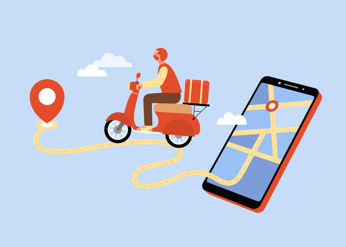 en línea comida o tienda de comestibles entrega servicio. ilustración de un persona ordenando comida entregar en teléfono y un mensajero es montando scooter en el ciudad. vector