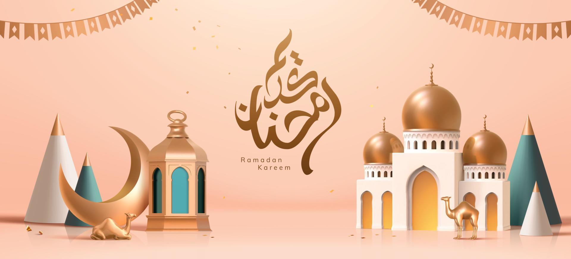 3d Ramadán o islámico fiesta celebracion bandera diseño con mezquita, linternas y camello juguetes traducción, eid mubarak. vector