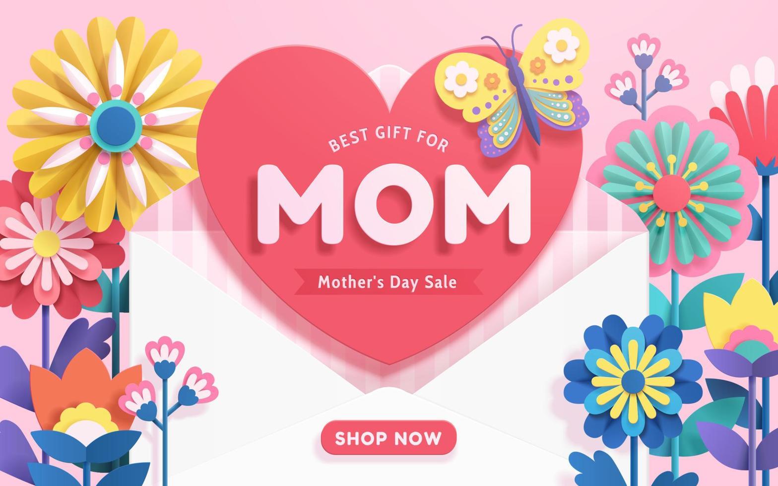 Mother's Day sale template designed in paper cut style on pink background. An opened envelope surrounded by colorful origami flowers sends love as the best gift for mothers. vector