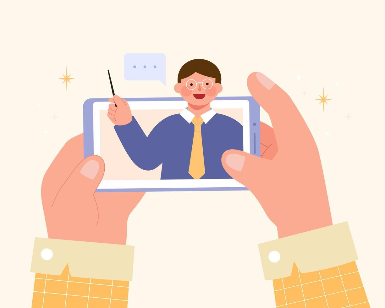 Flat illustration of hands of a young man holding mobile phone and taking online classes. Distance learning or watching tutorial videos on smart phone. vector