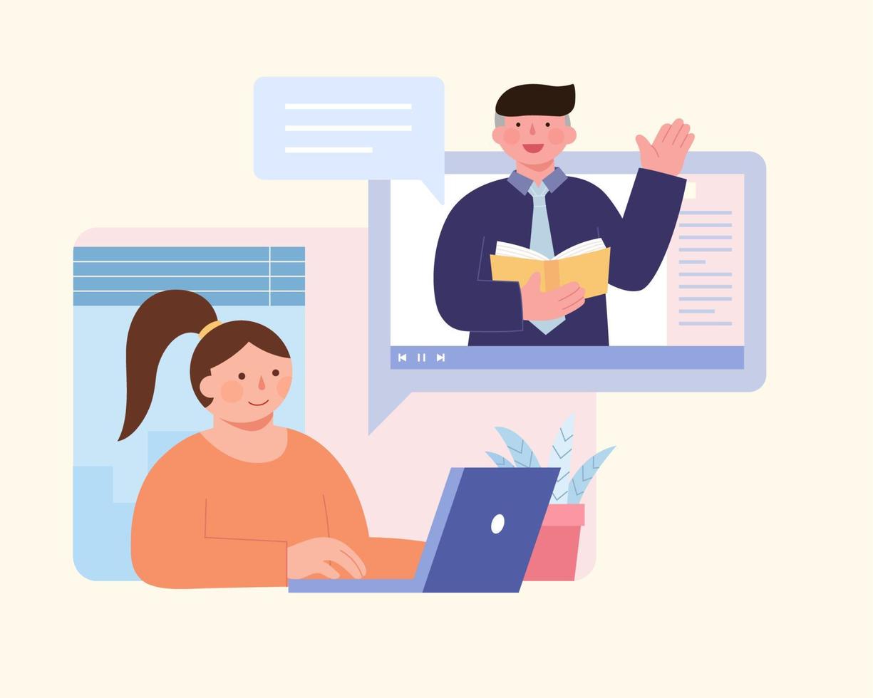 Distance learning concept, flat illustration. Young woman using laptop and taking online classes or watching business training video at home during covid lockdown. vector