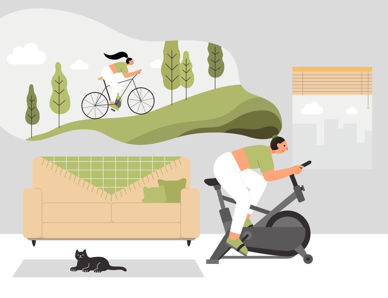 mujer es haciendo ciclismo ejercicio a hogar y pensando ella es montando cuesta arriba en un ciclo. plano ilustración de cardio ejercicio, diseñado en blanco y verde color tono. vector