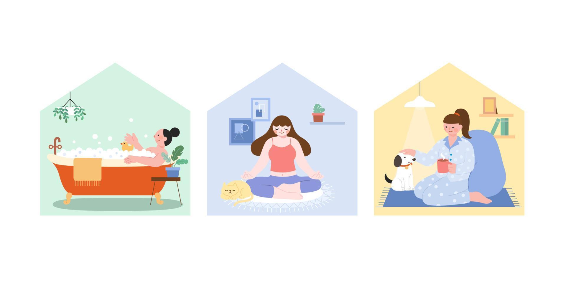 permanecer hogar durante cuarentena. ilustraciones de joven mujer haciendo diferente ocupaciones a hogar, incluso tomando baño, haciendo meditación y disfrutando café. vector