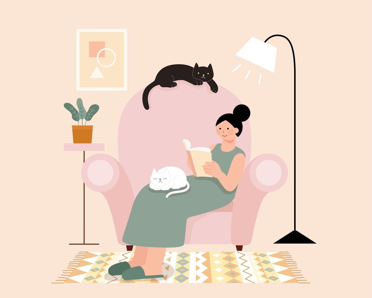 plano estilo ilustración de un mujer sentado en grande Sillón y leyendo un libro con su dos mascota gatos vector