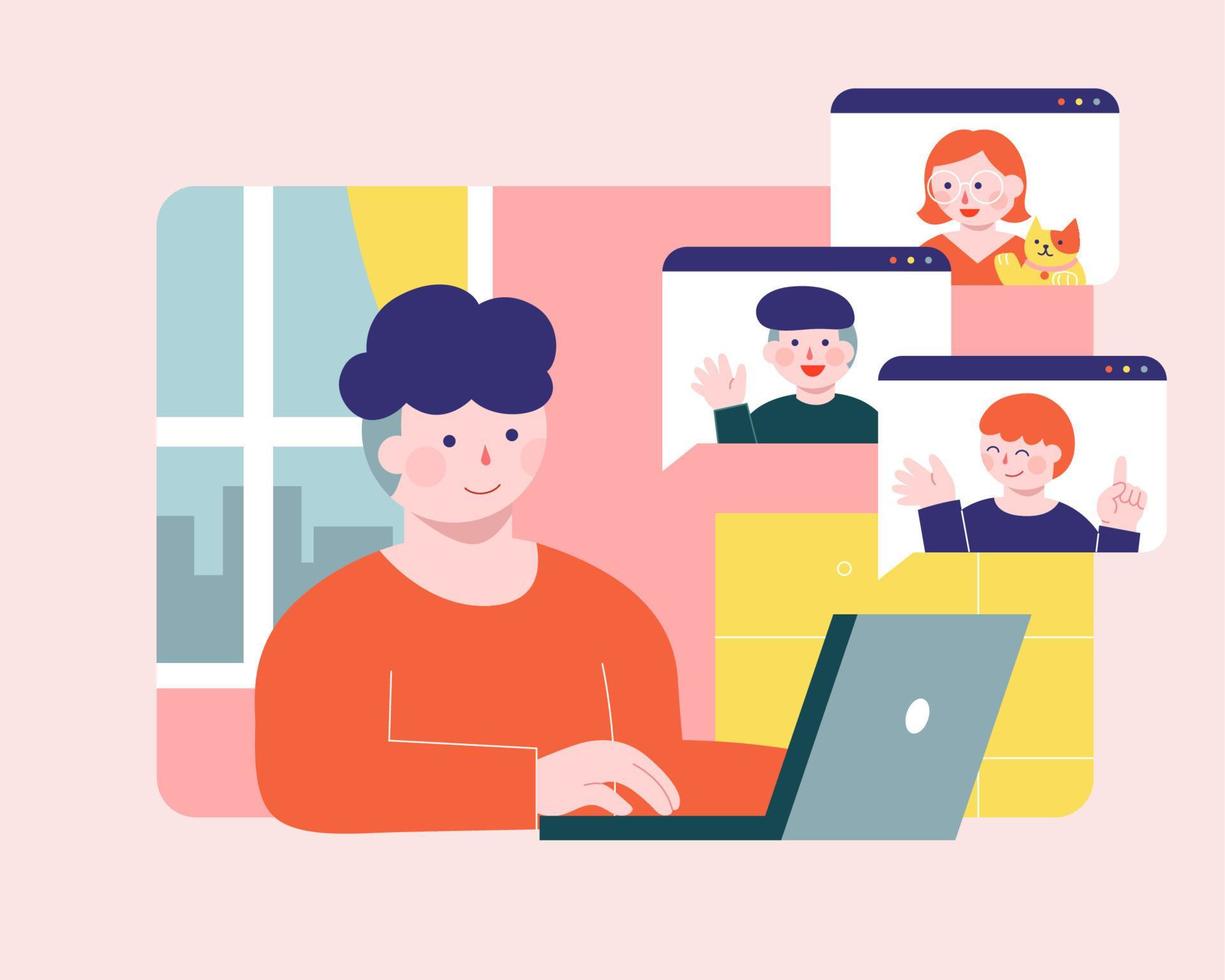 Man doing video call with colleague or students on laptop. Flat style illustration of home schooling or working from home. vector