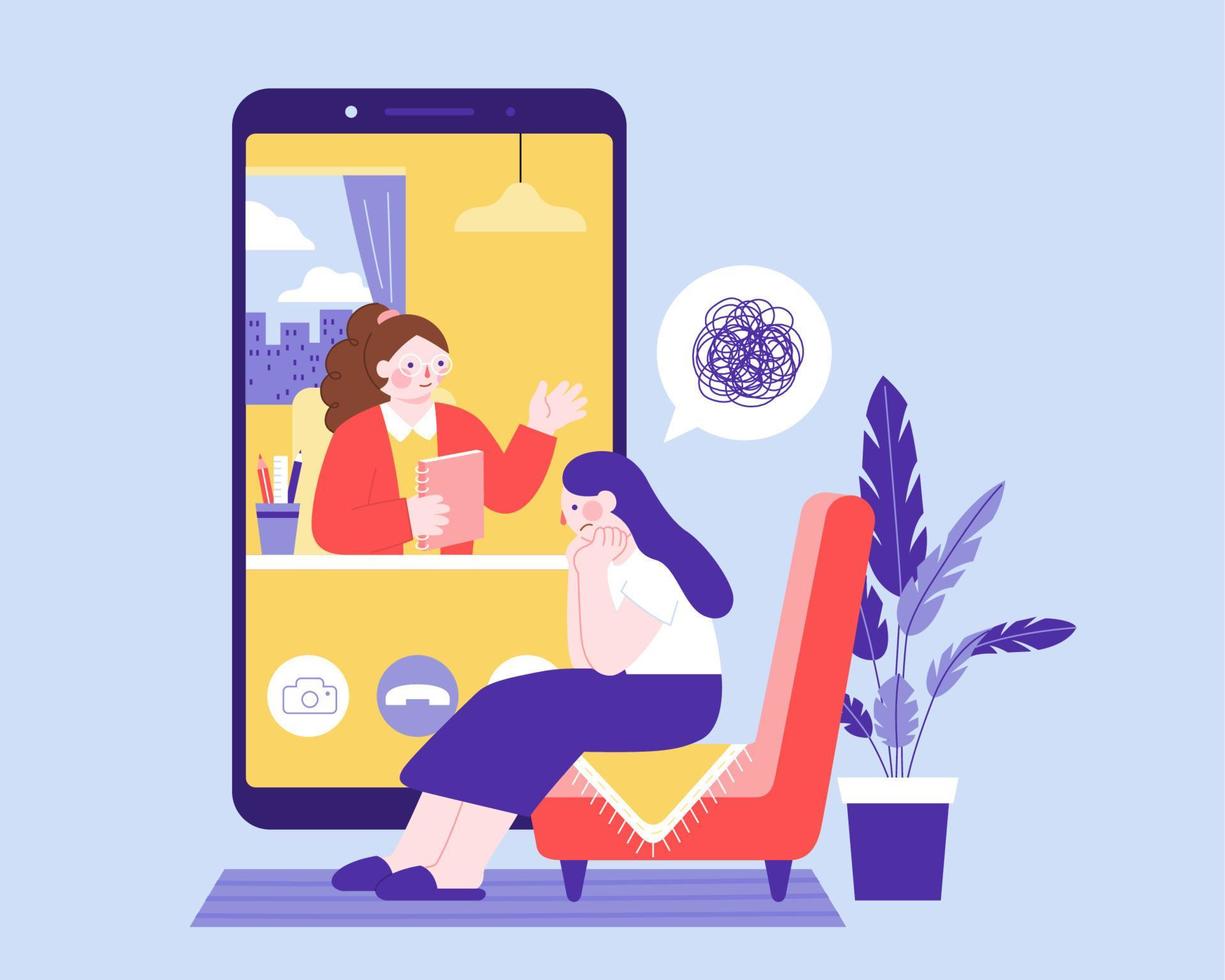 Flat illustration of female mental health consultant from mobile phone providing online psychotherapy service to a stressed girl. vector