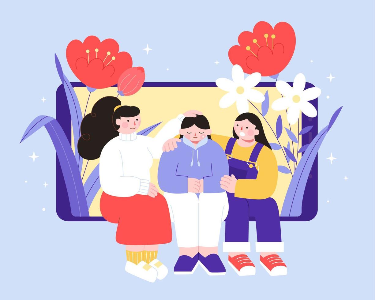 Flat illustration of two Asian women sitting on the phone screen and comforting their sad friend. Concept of mental support and guide from friends via phone app. vector