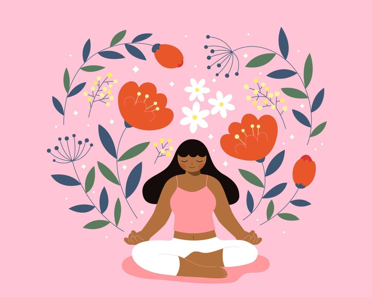 plano ilustración de un africano mujer meditando en floral antecedentes. concepto de meditación y consciencia. vector