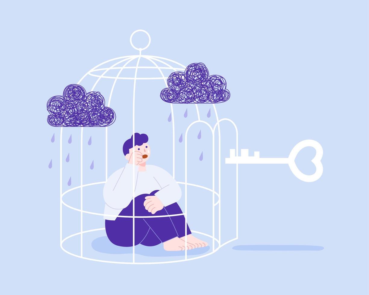 Flat illustration of a crying man sitting in the cage with key outside. Concept of free from depression and other mental health problems. vector