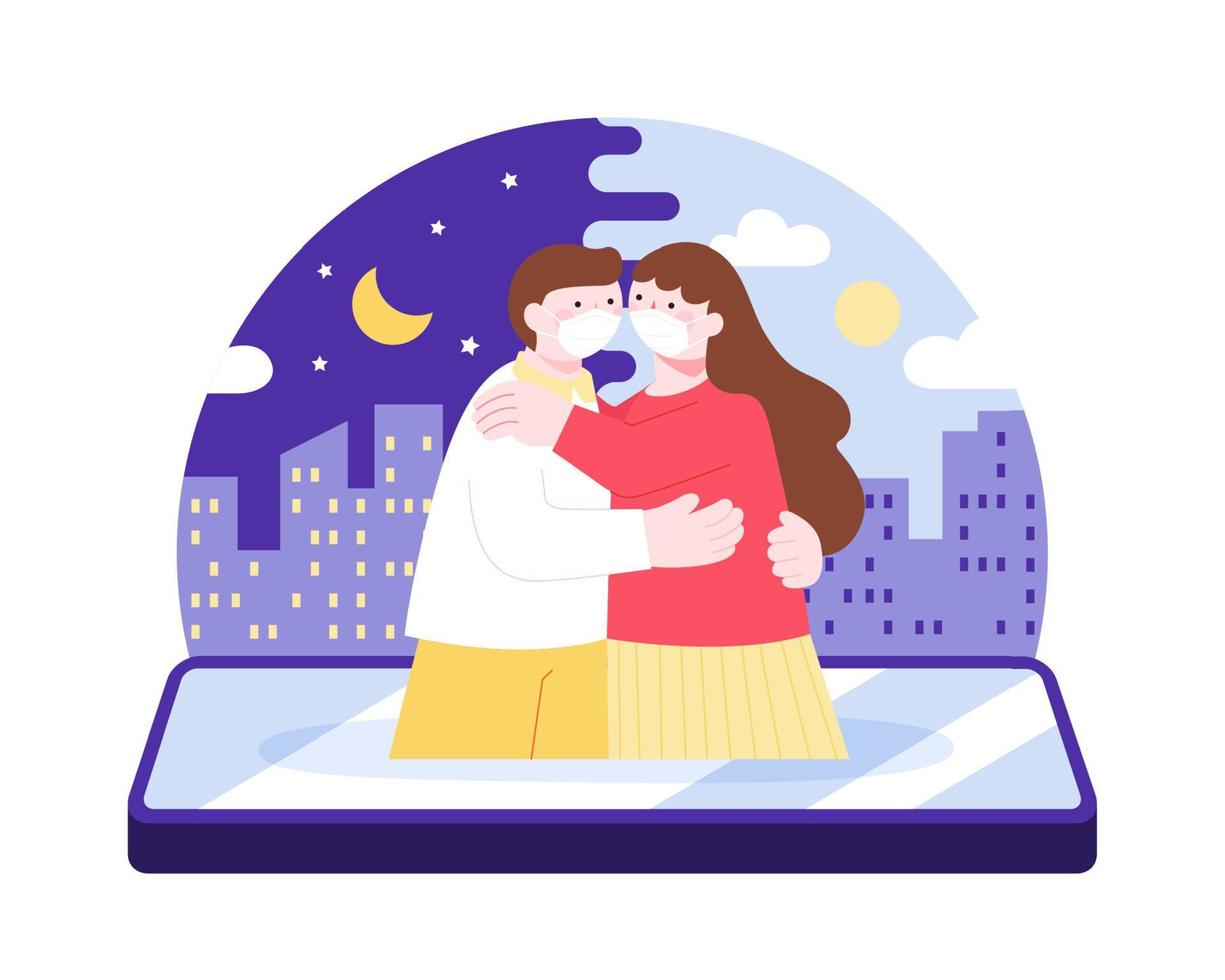 Young couple hugging each other in smart phone with city background. Concept of long distance relationship during covid pandemic. vector