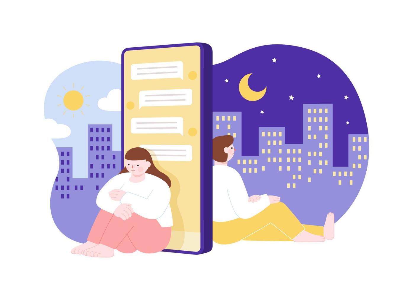 Flat illustration of sad young couple sitting back to back with phone in between. Concept of breaking up, loneliness, or desire for social connection. vector