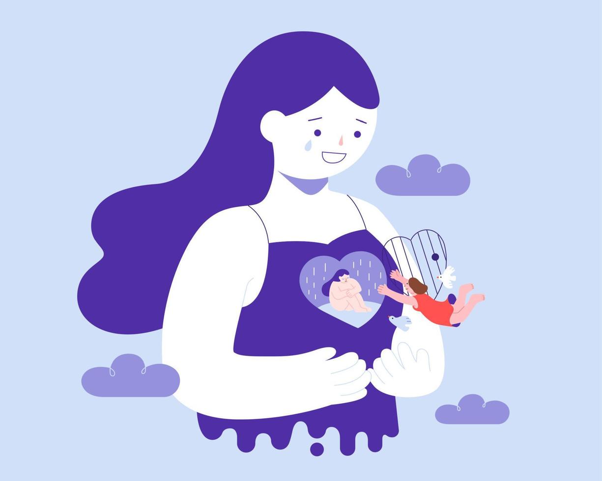 Flat illustration of woman having heart break and taking treatment. Sad woman sitting in a inner caged and a angle flying towards her to rescue her from sorrow. vector