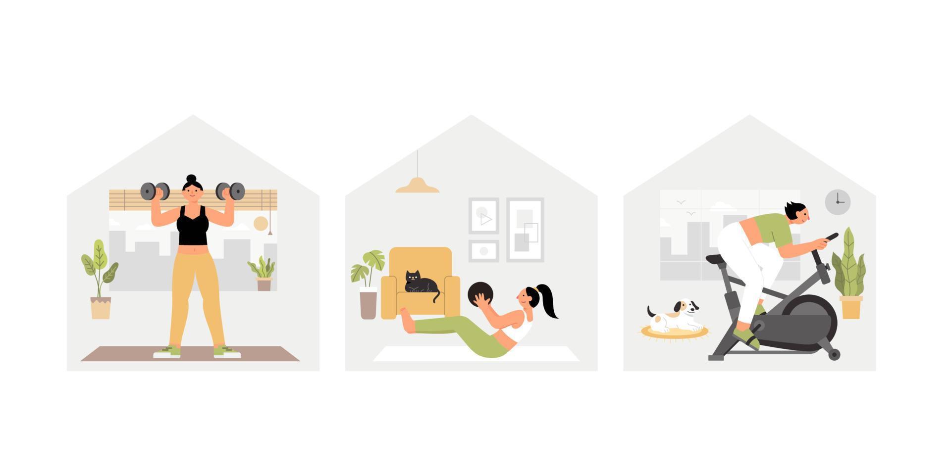 Set of woman doing daily workout. Flat style illustration of healthy morning habits set. Concept of home gym and weight exercise. vector