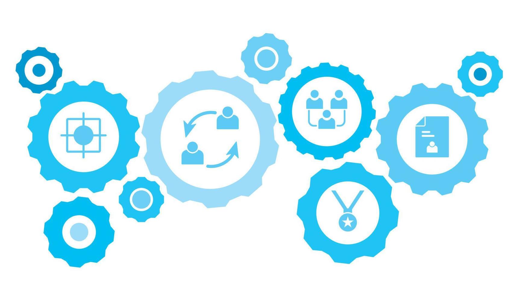 Connected gears and vector icons for logistic, service, shipping, distribution, transport, market, communicate concepts. applicant, candidate, job gear blue icon set on white background