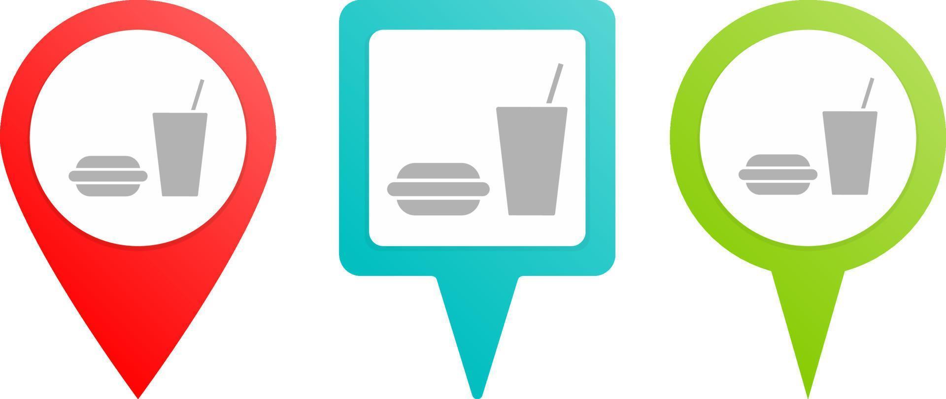 Gum burger, drink pin icon. Multicolor pin vector icon, diferent type map and navigation point.