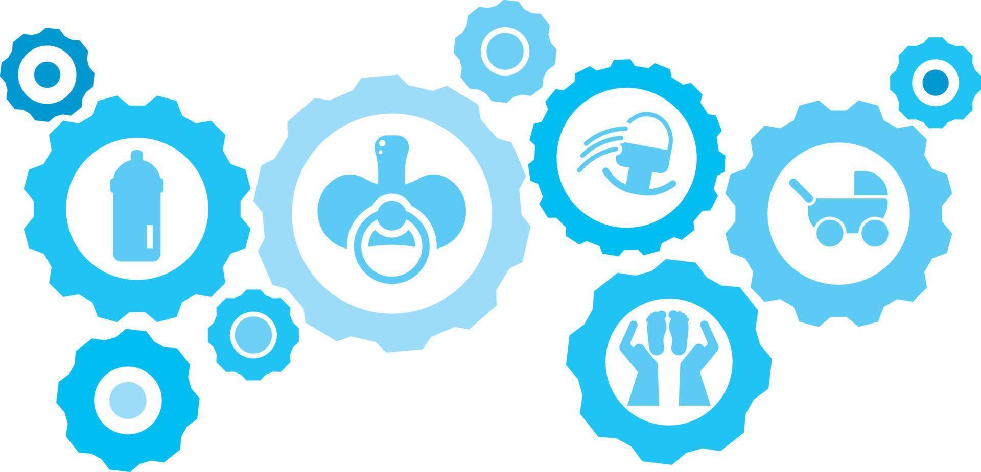 Connected gears and vector icons for logistic, service, shipping, distribution, transport, market, communicate concepts. Baby, stroller gear blue icon set .