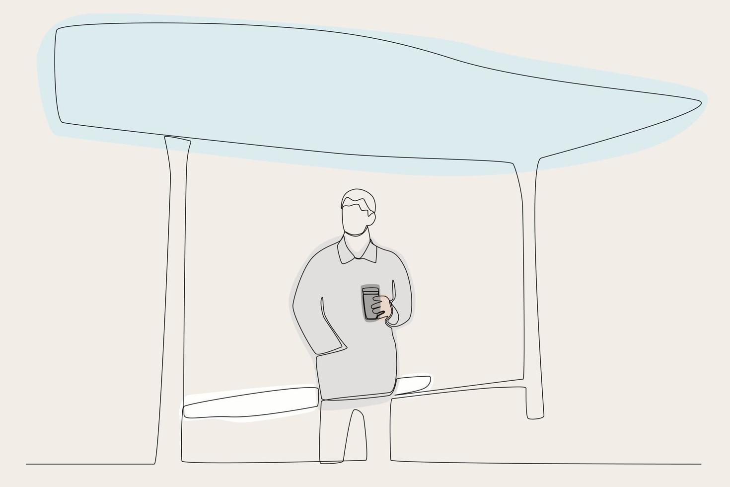 Color illustration of a man waiting for the bus while drinking coffee vector