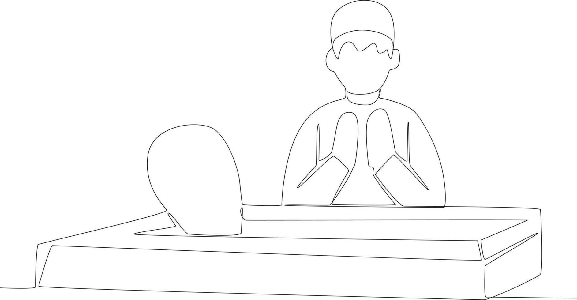 A boy in a hat is praying at the cemetery vector