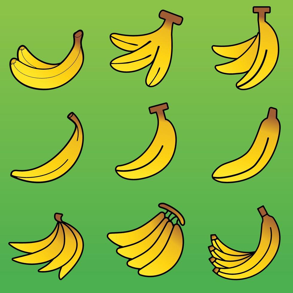 Bananas icon set. Vector illustration of banana for fruit and food design. Banana icon for design about healthy, diet, nutrition, vegetarian, and tropical. Fresh fruit for healthy lifestyle