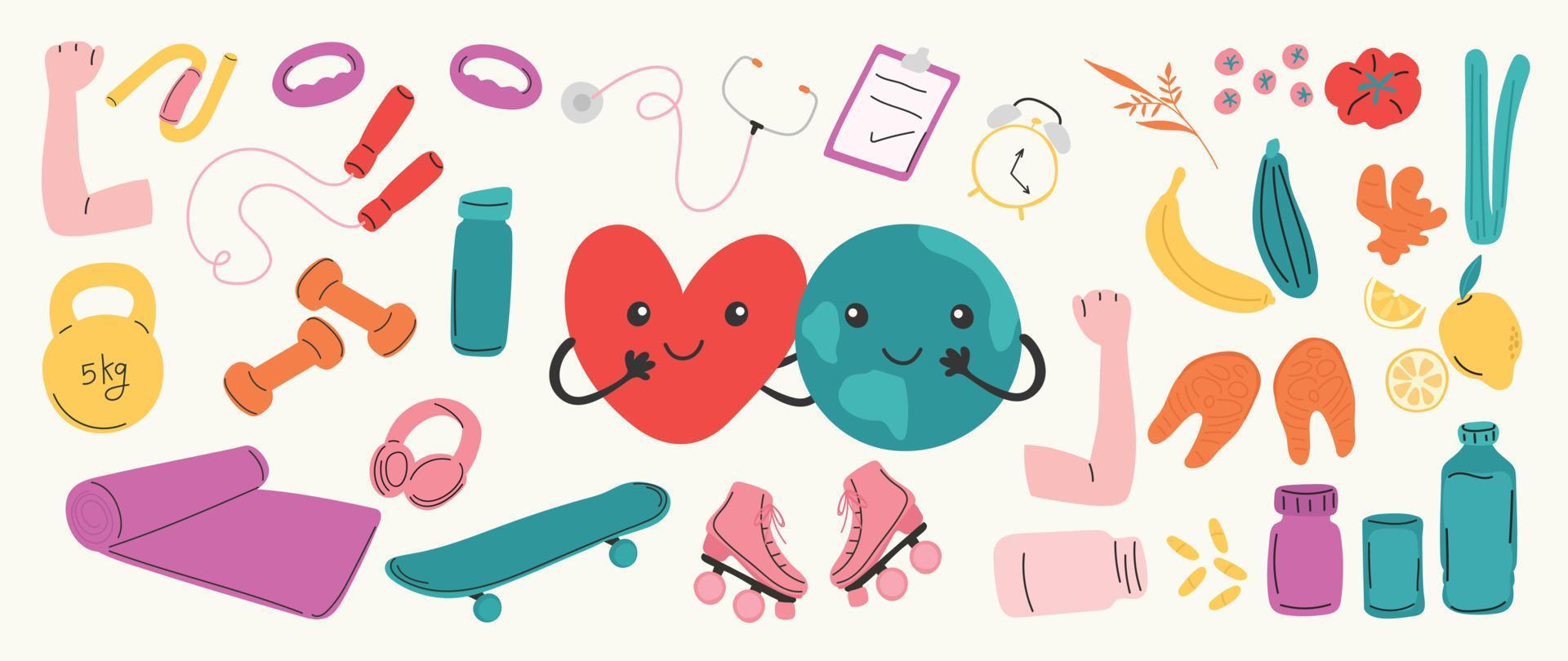 World health day concept, 7 April, element vector set. Hand drawn doodle style of heart, diet food, nutrition, sport, exercise, medicine, heart. Design for web, banner, campaign, social media post.