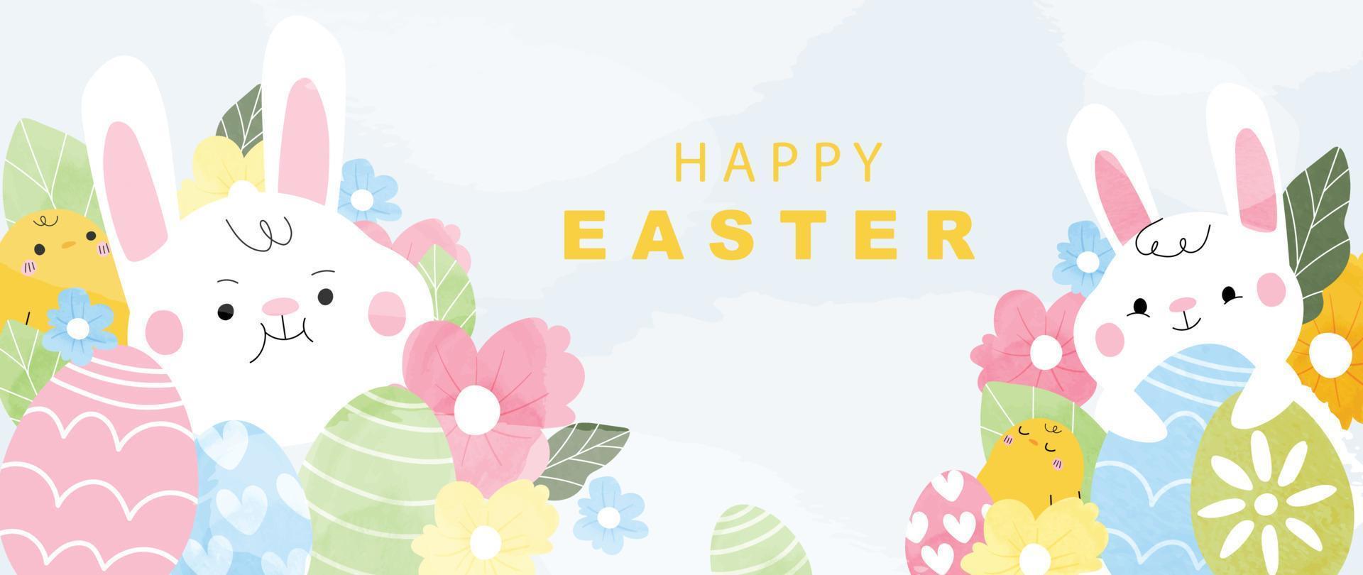 Happy Easter watercolor background vector. Hand painted fluffy cute white rabbit with easter eggs, spring flowers, leaf and chick. Adorable doodle design for decorative, card, kids, banner, poster. vector