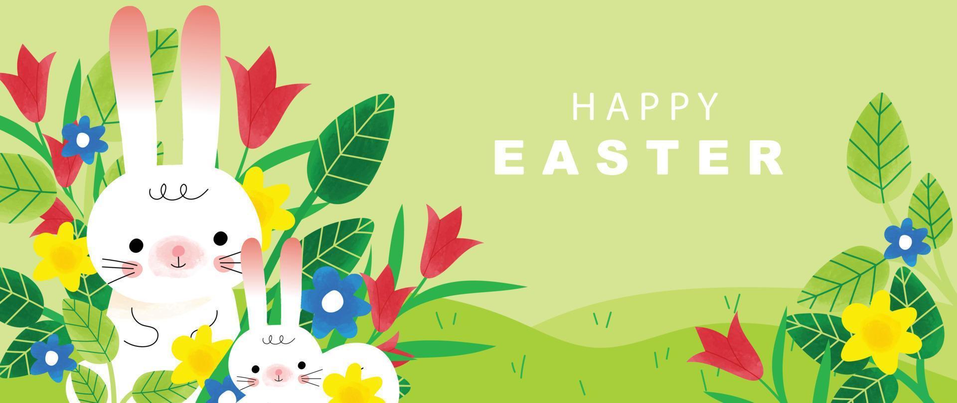 Happy Easter watercolor background vector. Hand painted fluffy cute white rabbit with spring flowers and leaves in greenery garden. Adorable doodle design for decorative, card, kids, banner, poster. vector