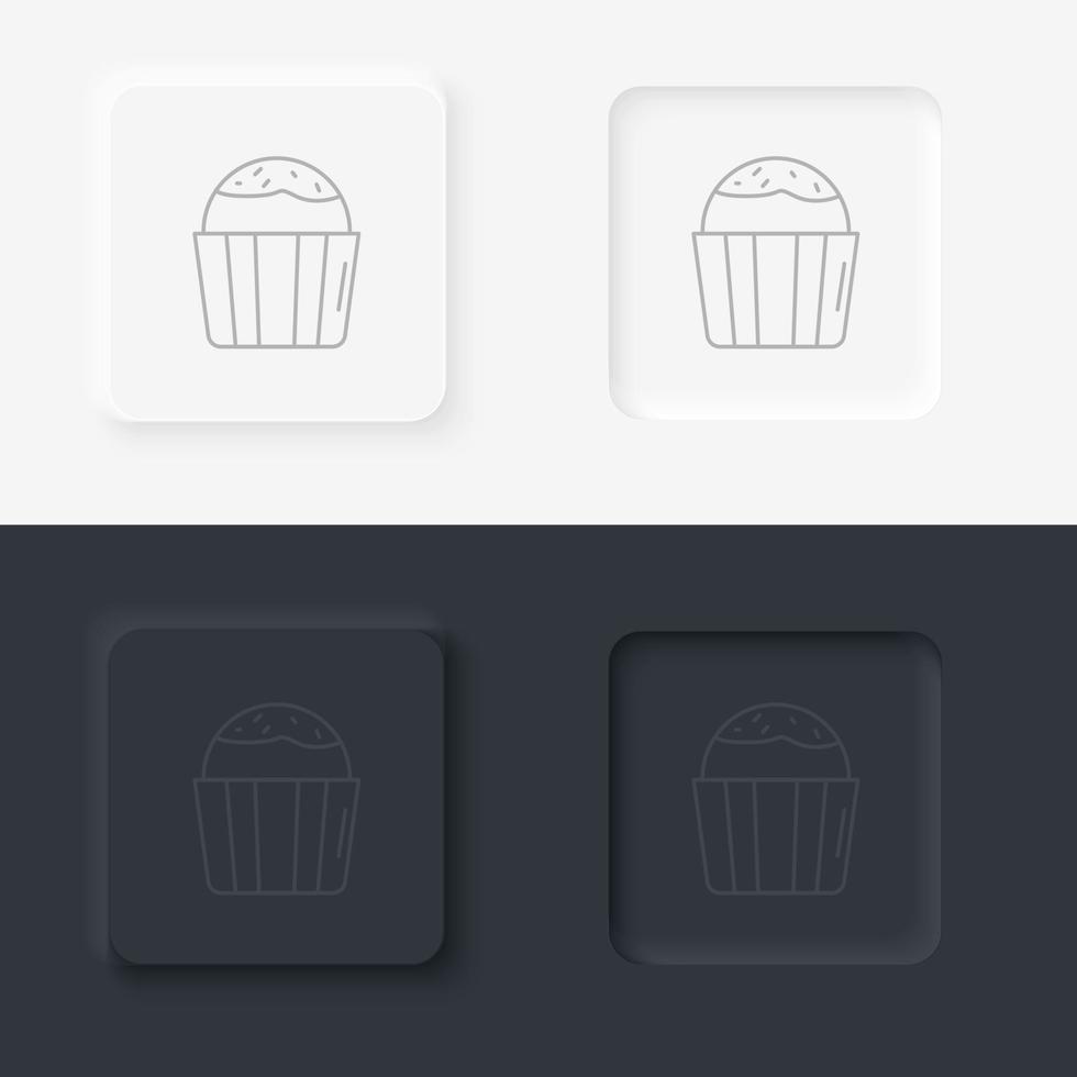 Neumorphic style black and white set food and drink vector icon. Muffins linear icon. Cupcakes with icing and sprinkles. Confectionery for party. Contour symbol icon set