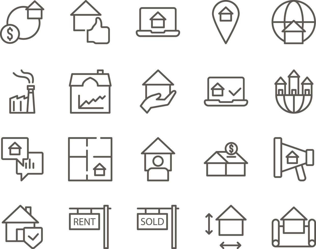 house, plan set vector icons. Real estate icon set. Simple Set of Real Estate Related Vector Line Icons. Contains such Icons as Map, Plan, Bedrooms on white background