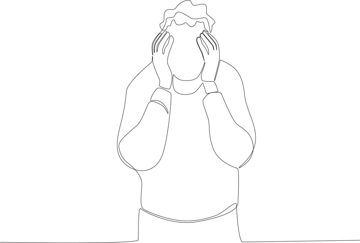 A curly man holding a sore head with both hands vector