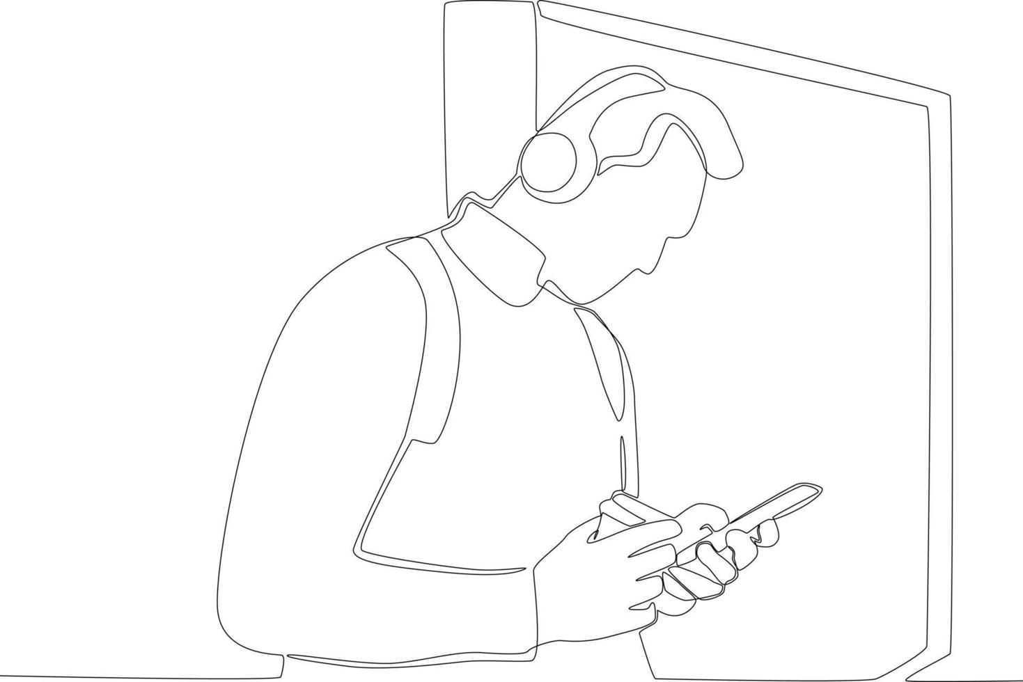 A man uses earphones while drinking coffee at a bus stop vector