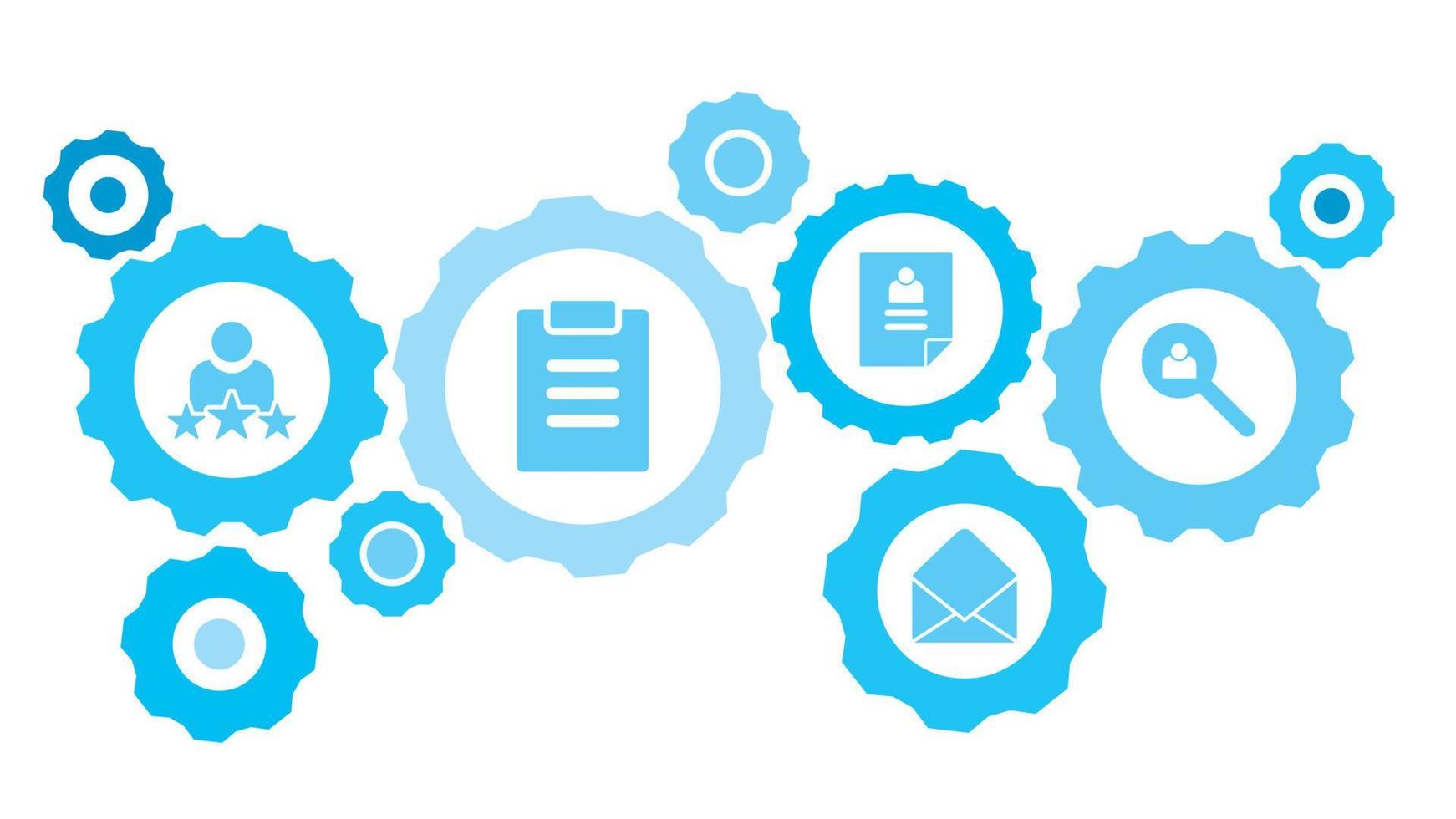 Connected gears and vector icons for logistic, service, shipping, distribution, transport, market, communicate concepts. avatar, user, search gear blue icon set on white background