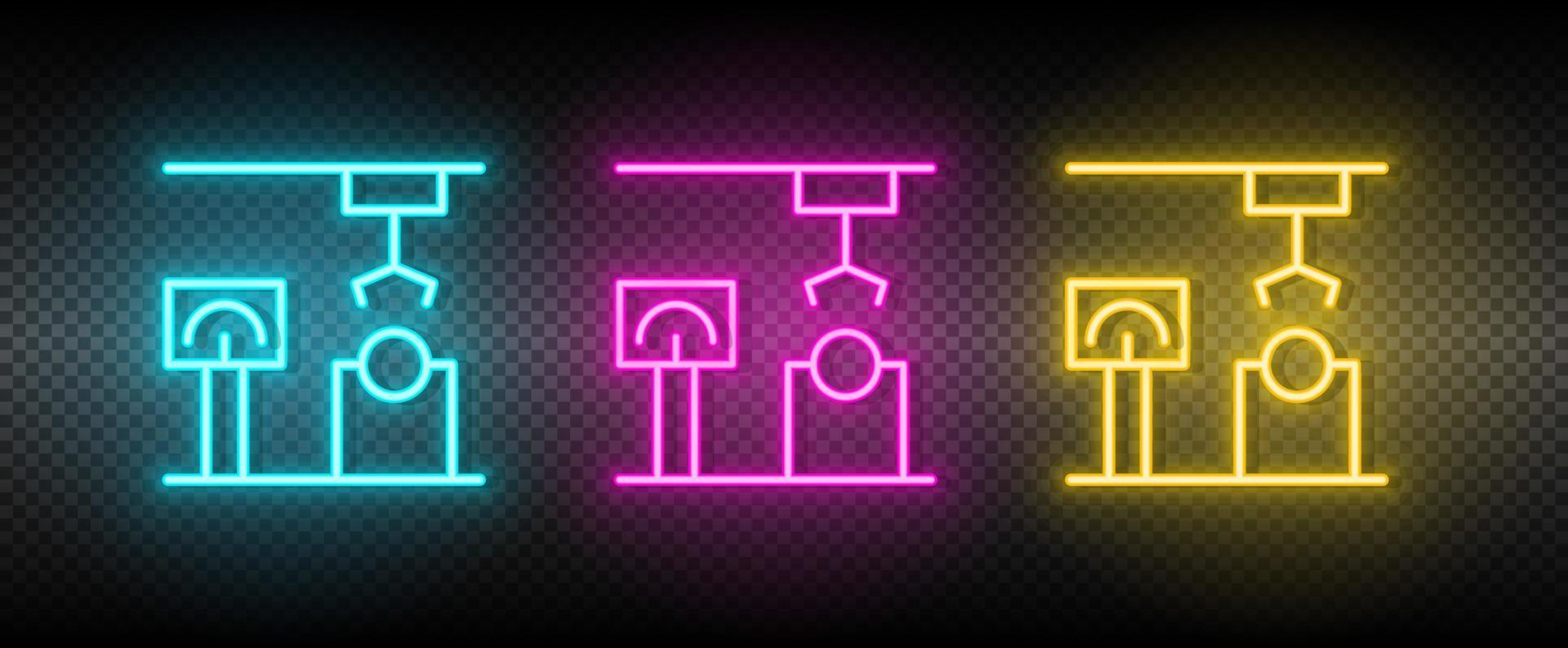 industrial arm, loading robot neon icon set. Technology vector illustration neon blue, yellow, red icon set