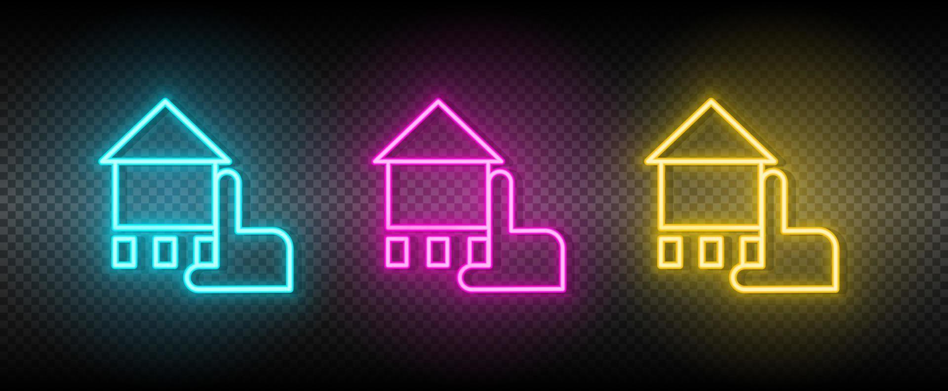 Real estate vector chalk, hand, house. Illustration neon blue, yellow, red icon set