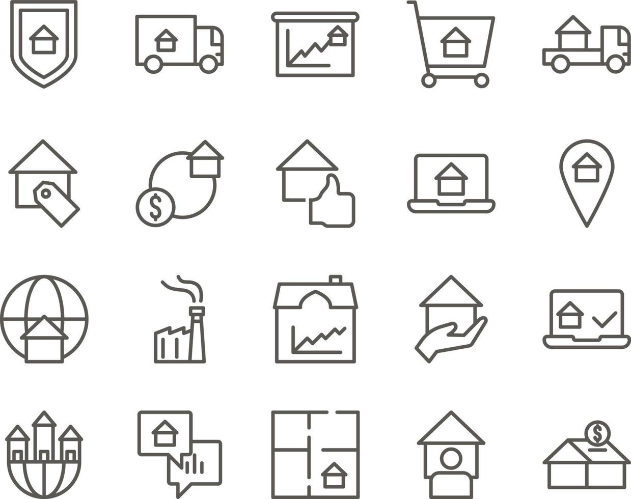 house, money, bank set vector icons. Real estate icon set. Simple Set of Real Estate Related Vector Line Icons. Contains such Icons as Map, Plan, Bedrooms on white background