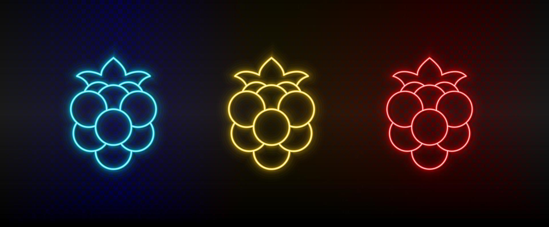 Neon icon set strawberry. Set of red, blue, yellow neon vector icon on dark background