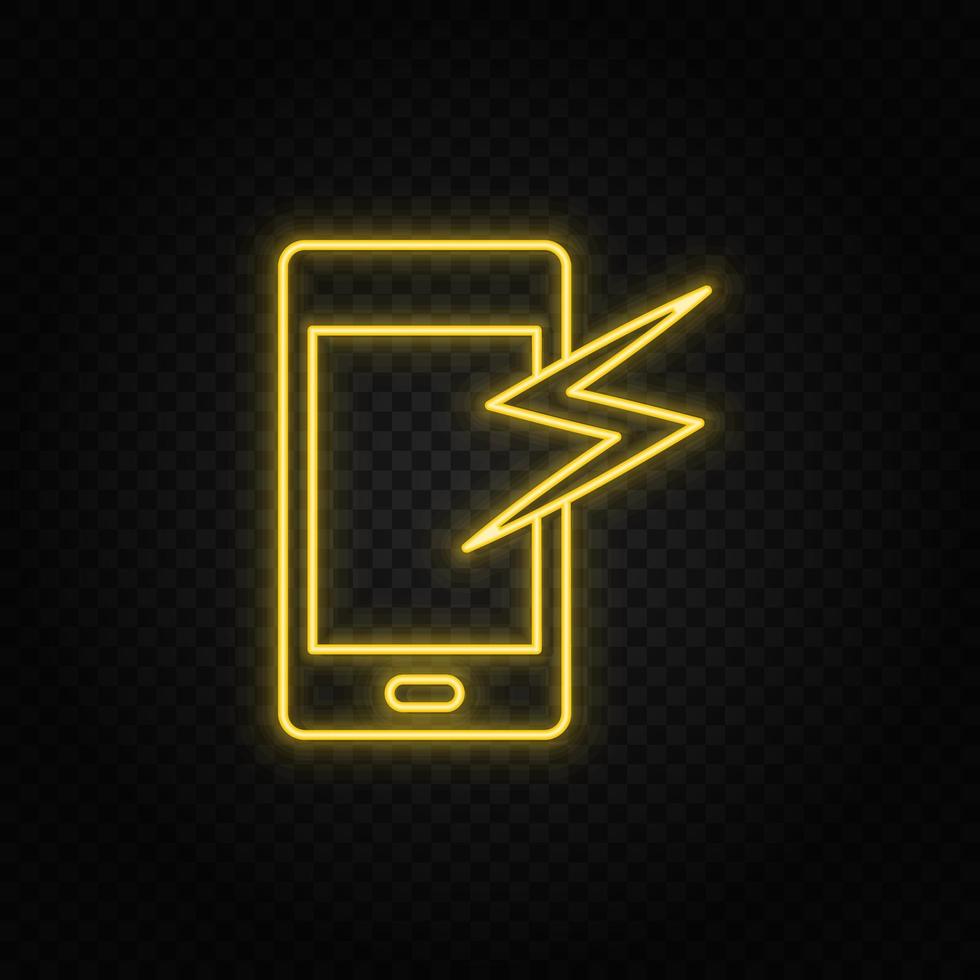 Yellow neon icon broken, phone, mobile. Transparent background. Yellow neon vector icon on dark background