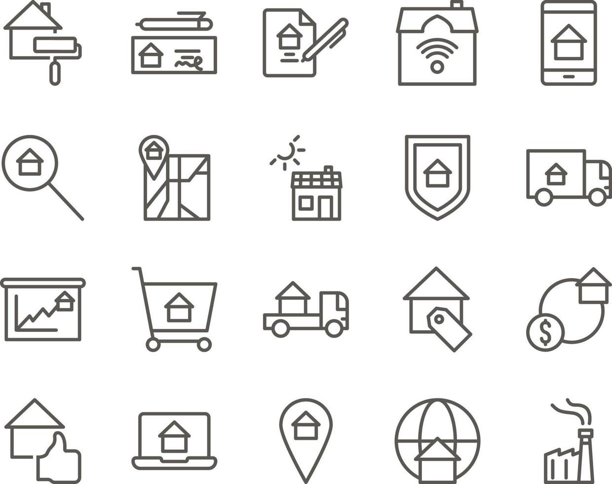 factory, industrial, plant set vector icons. Real estate icon set. Simple Set of Real Estate Related Vector Line Icons. Contains such Icons as Map, Plan, Bedrooms on white background