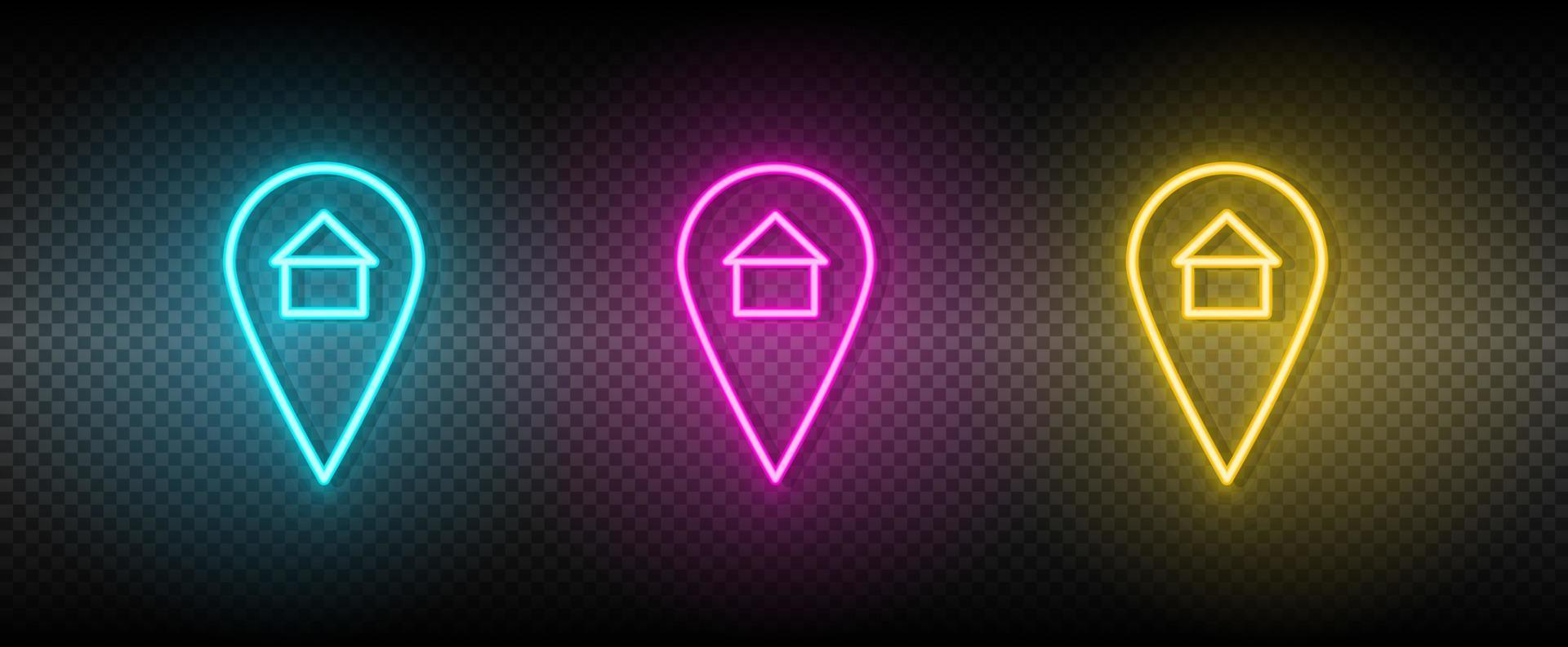 real inmuebles vector ubicación, casa, hogar. ilustración neón azul, amarillo, rojo icono conjunto
