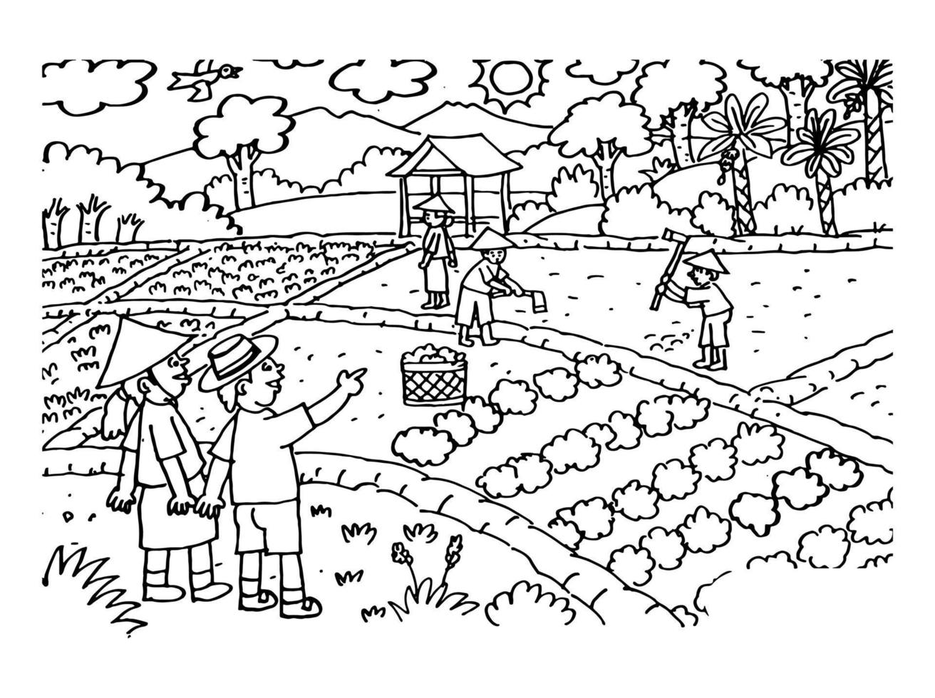 Vector illustration of people doing activities in the garden and rice fields. Suitable for coloring book, coloring pages, banner, poster, etc