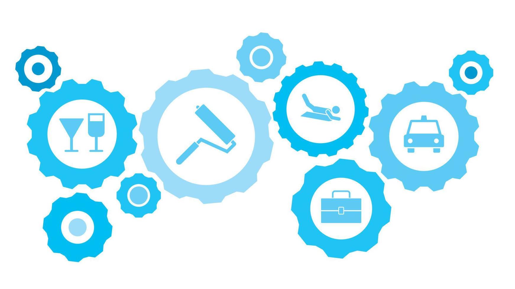 Taxi gear blue icon set. Abstract background with connected gears and icons for logistic, service, shipping, distribution, transport, market, communicate concepts vector