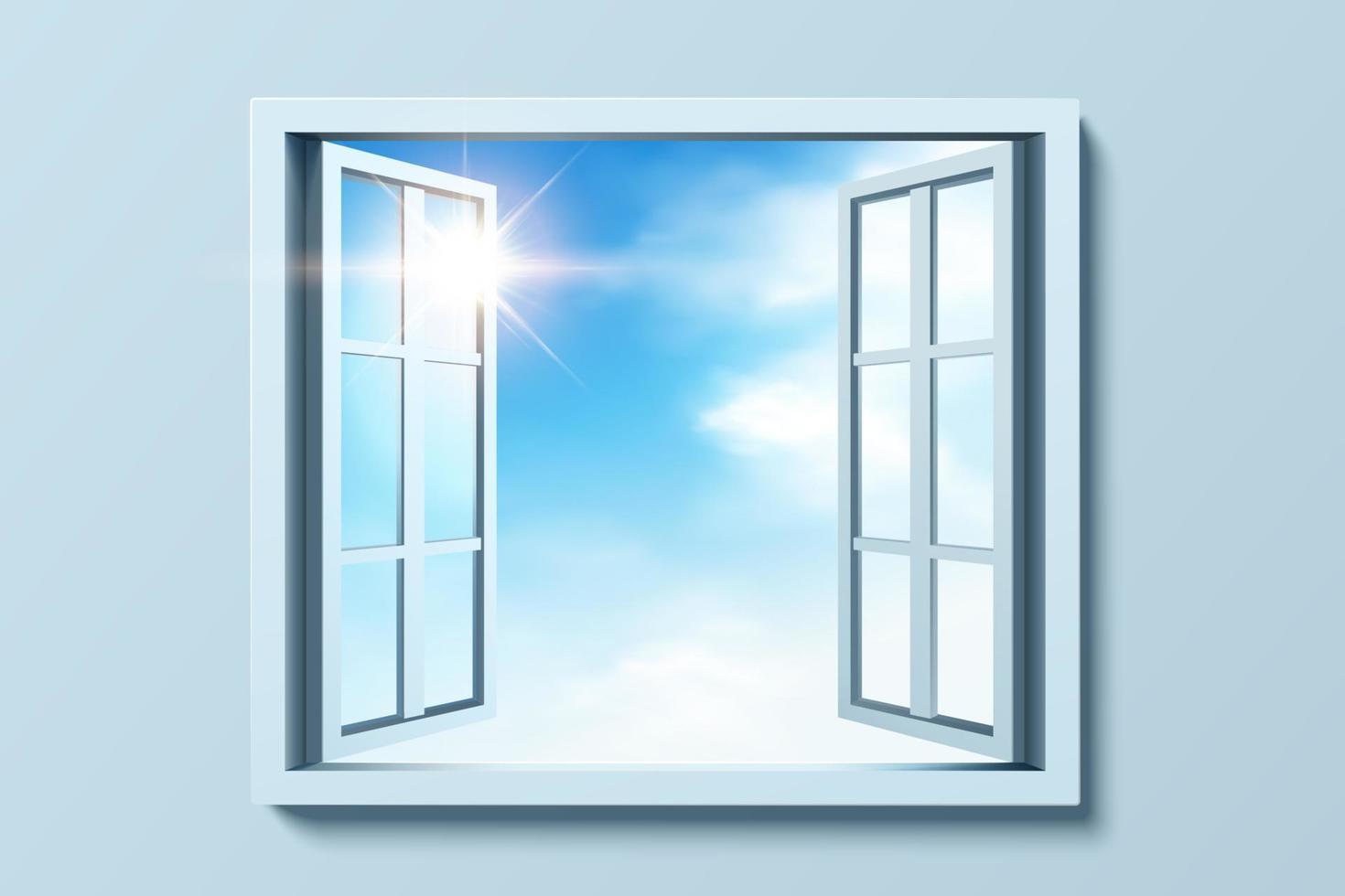 3d illustration of an open window against a blue wall, sunshine over blue sky outside the window vector