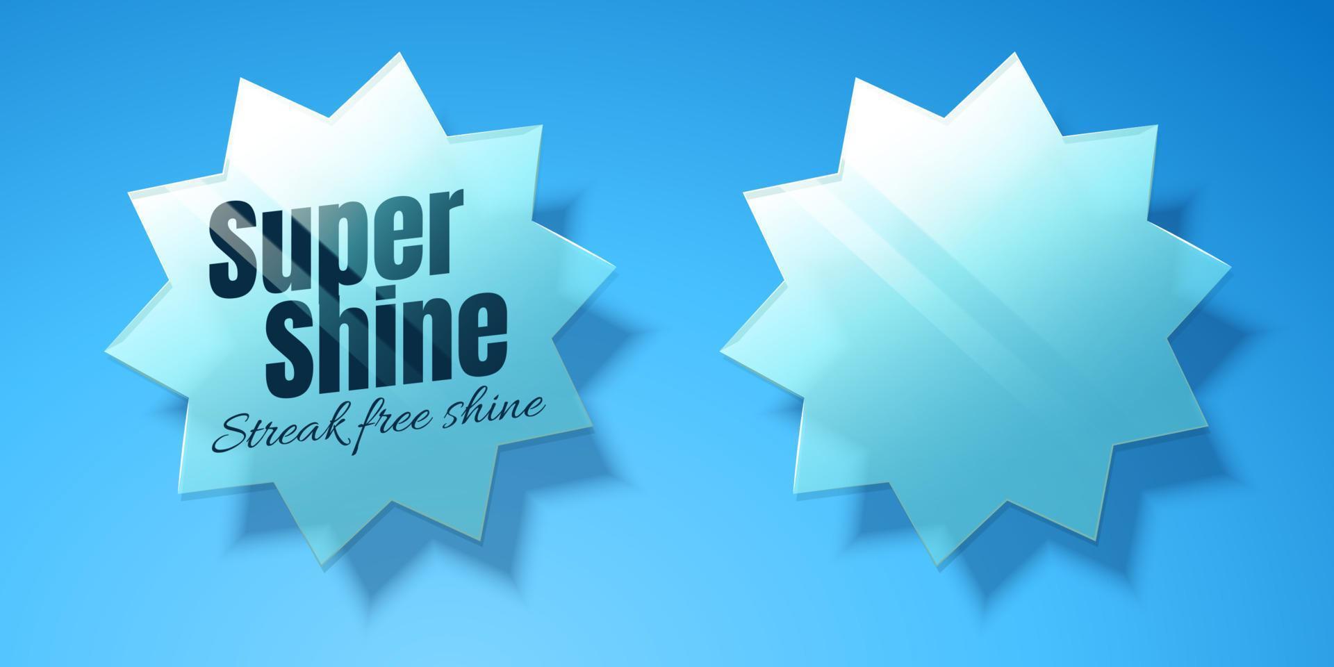 Star shaped glass design elements on blue background in 3d Illustration, super shine slogan for cleaning product vector
