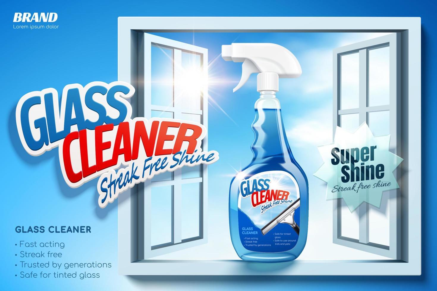 Glass cleaner ad banner in 3D illustration. Spray bottle package in window sill on blue background vector