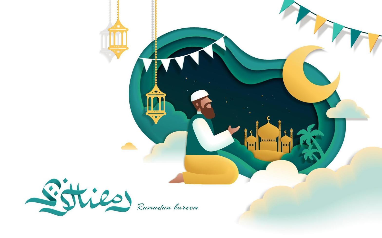 Muslim man praying to Allah during Ramadan holiday. Papaercut style mosque and cresent background suitable for Ramadan, Eid al Fitr or Hari Raya. Translation, Ramadan kareem vector