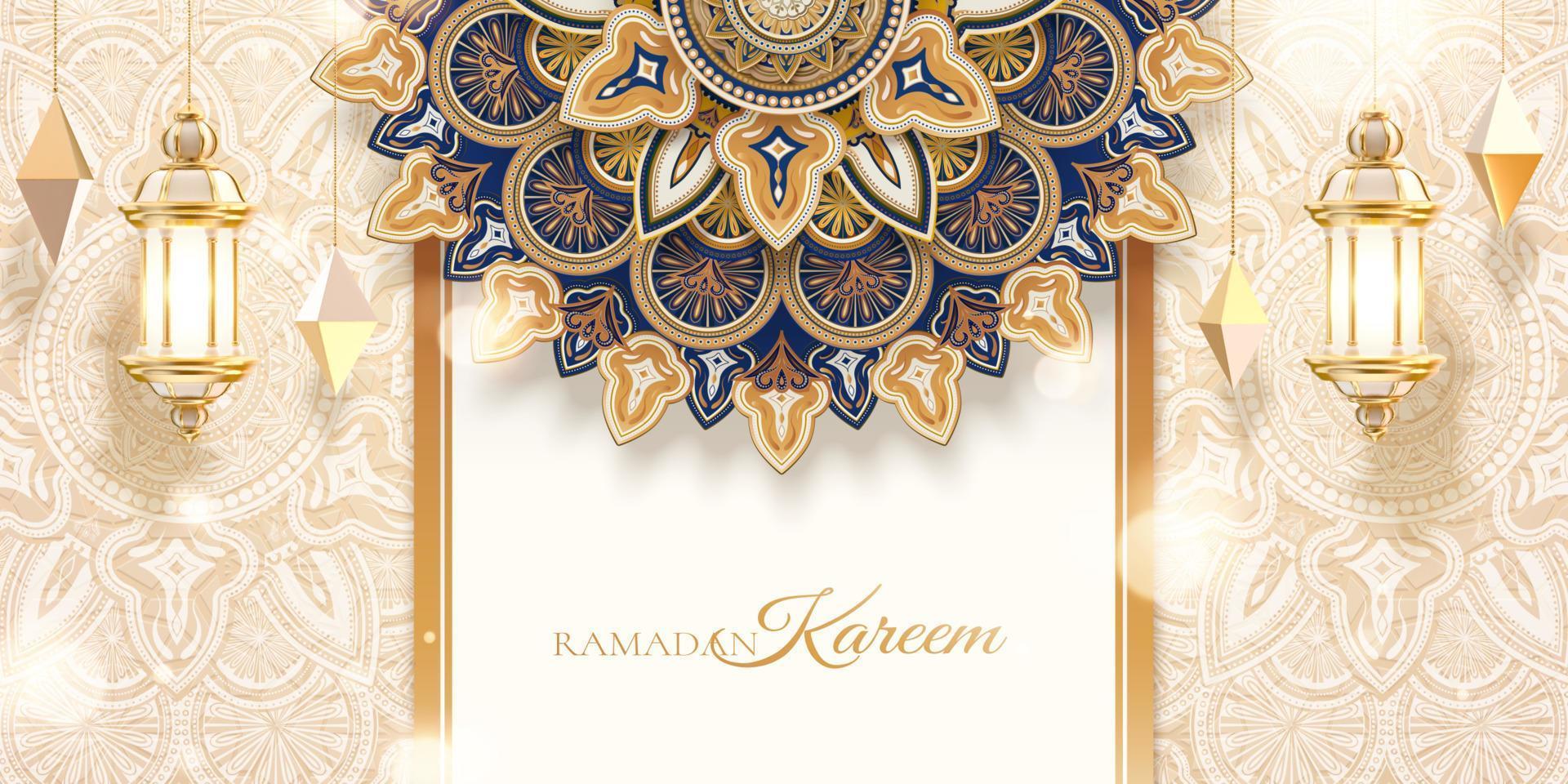 3d islámico fiesta celebracion antecedentes diseño con lujo dorado geométrico patrones. bandera modelo adecuado para ramadán, eid al-fitr o hari raya. vector