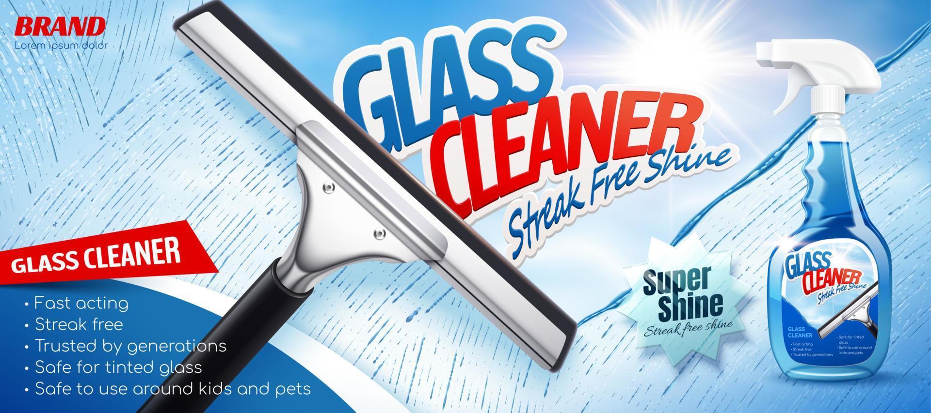 Glass cleaner ad in 3D illustration, Cleaning glass with a squeegee with bright sunshine. Spray bottle package design. vector