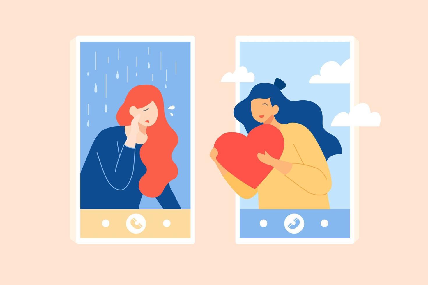 Flat illustration of comforting a friend on the phone. A woman comforts her good friend who feeling sad and sending her a big heart as support on the video call vector